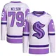 Authentic Men's Ty Nelson White/Purple Seattle Kraken Hockey Fights Cancer Primegreen Jersey