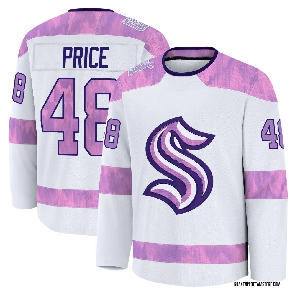 Premium Men's Caden Price White Seattle Kraken 2024 Hockey Fights Cancer Practice Jersey