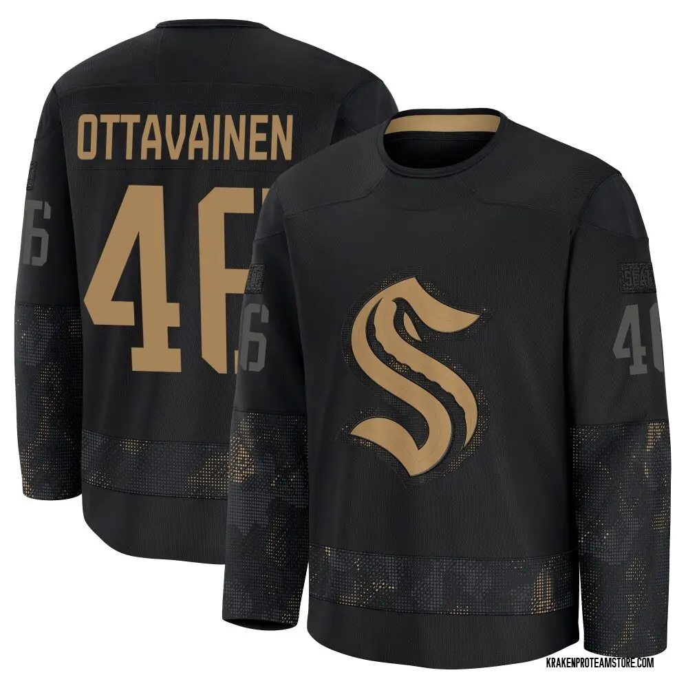 Premium Men's Ville Ottavainen Black Seattle Kraken 2024 Military Appreciation Practice Jersey