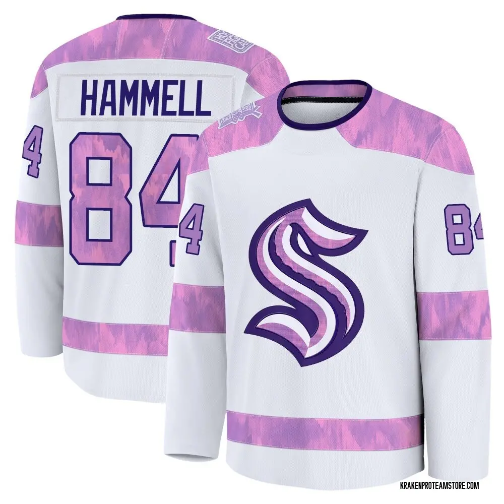 Premium Youth Kaden Hammell White Seattle Kraken 2024 Hockey Fights Cancer Practice Jersey