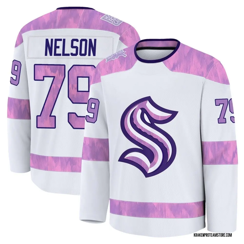 Premium Youth Ty Nelson White Seattle Kraken 2024 Hockey Fights Cancer Practice Jersey