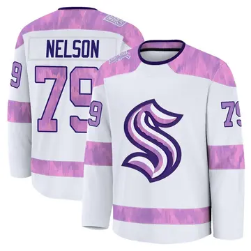 Premium Youth Ty Nelson White Seattle Kraken 2024 Hockey Fights Cancer Practice Jersey
